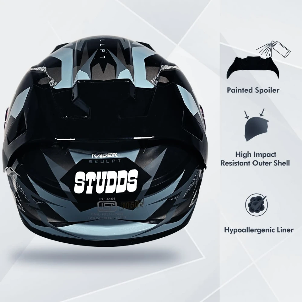 STUDDS Raider Skulpt ISI Certified Full Face Helmet for Men and Women with Spoilor and Clear Visor