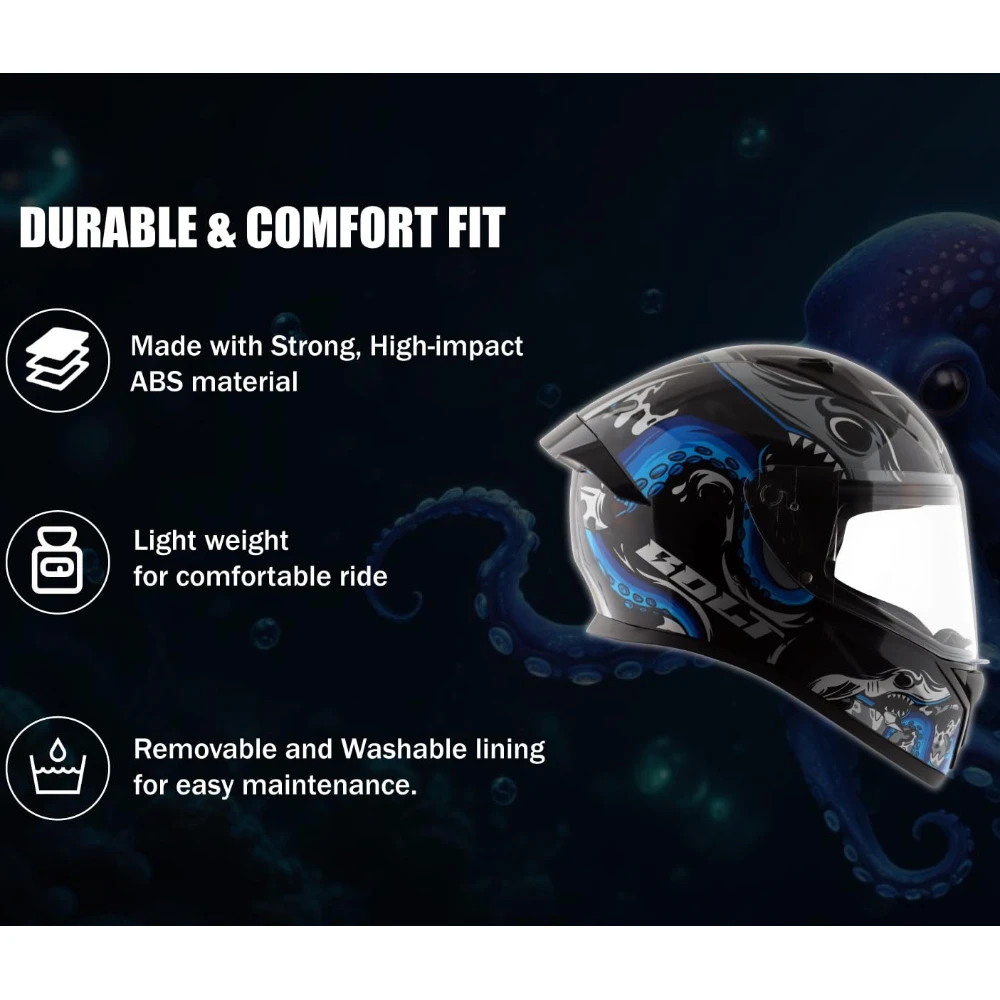 Vega Bolt Octopus ISI and DOT Certified Glossy Finish Full Face Helmet for Men with Clear Visor- Black Blue, Size: M(57-58 cm)