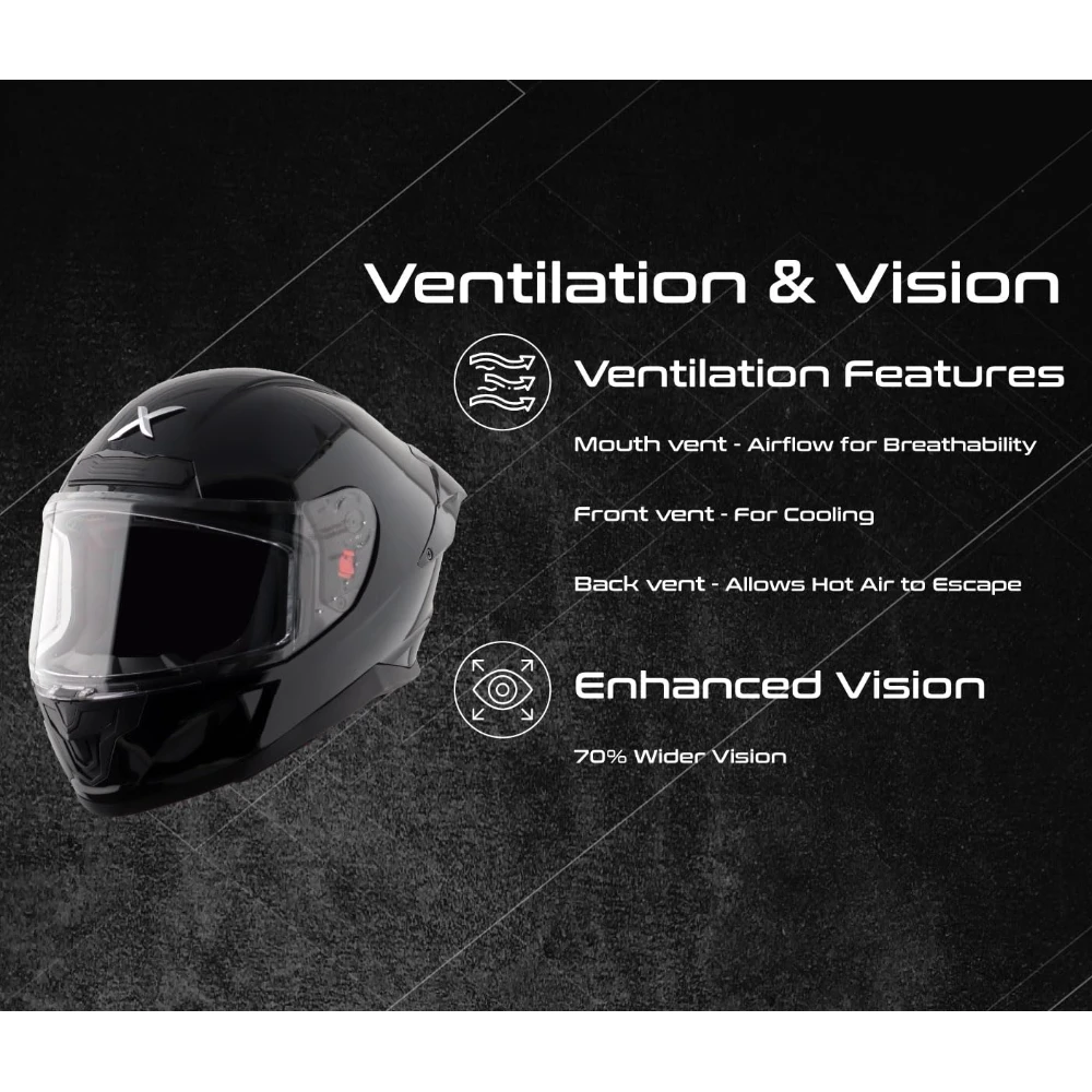 Axor Saber ISI ECE and DOT Certified Gloss Finish Full Face Helmet for Men with Pinlock Fitted Clear Visor -Black-XL