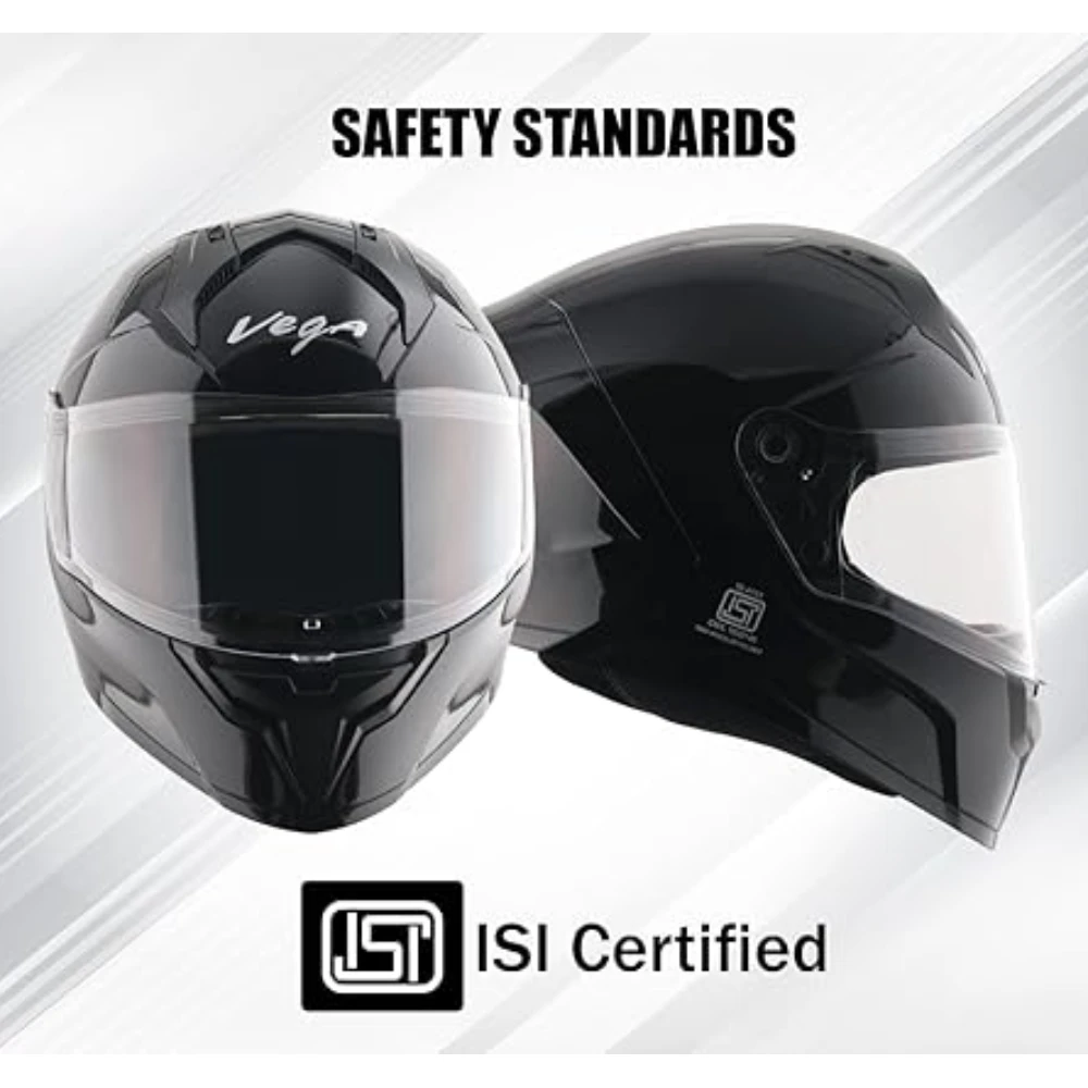 Vega Sonic Solid ISI Certified Gloss Finish Full Face Helmet for Men with Clear Visor and Spoiler-Black-M