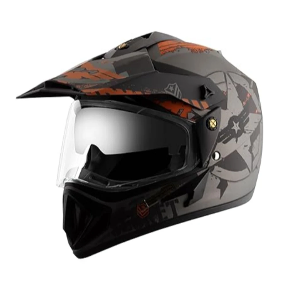 Vega Off Road Secret ISI Certified Matt Finish Full Face Dual Visor with Peak Helmet for Men and Women Outer Clear Visor and Inner Smoke Sun Visor(Dull Anthracite Black, Size:L)