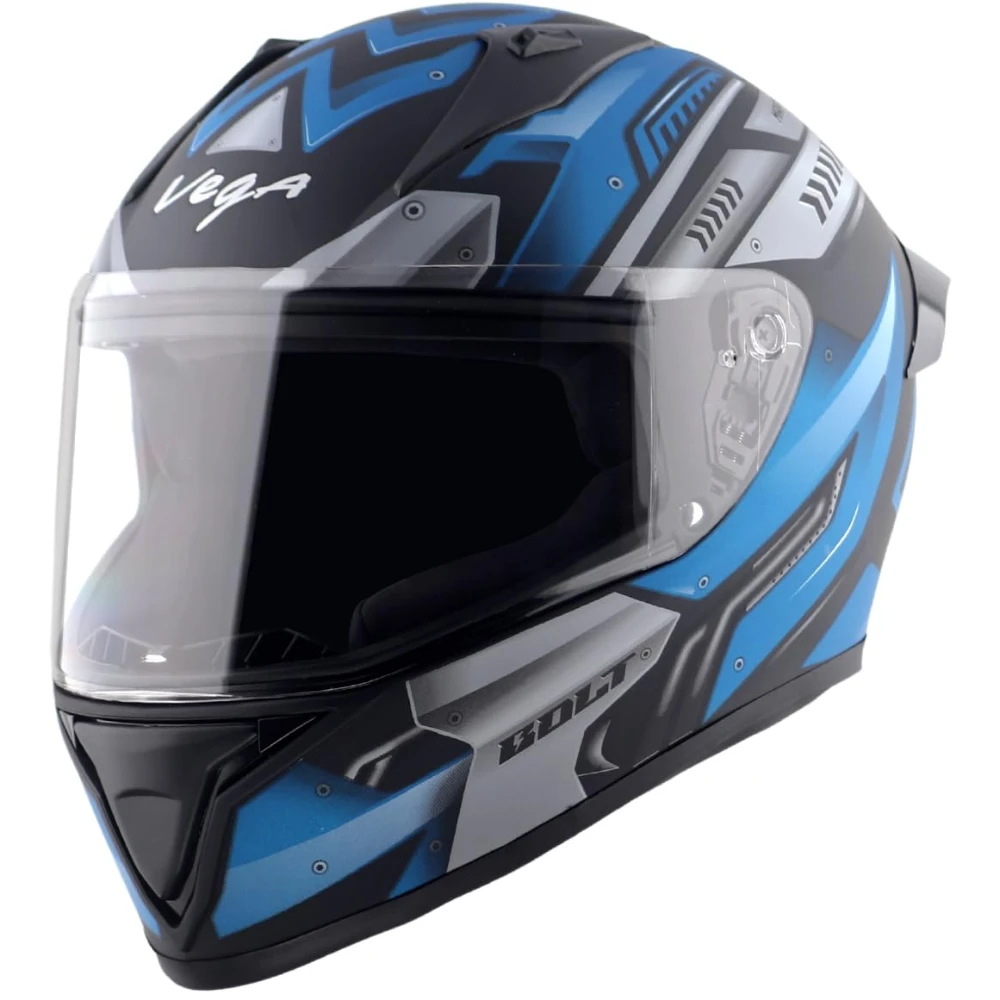 Vega Bolt Martial ISI and DOT Certified Matte Finish Full Face Helmet for Men with Clear Visor- Dull Black Blue-M