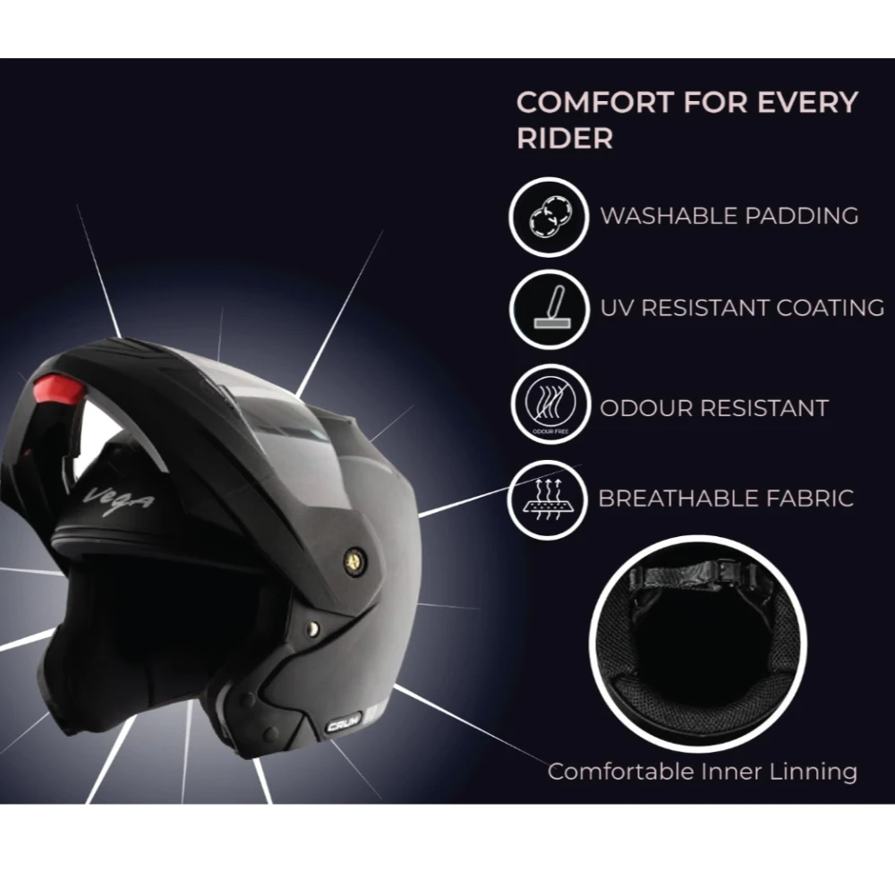 Vega Crux ISI Certified Flip-Up Helmet for Men and Women with Clear Visor(Black, Size:L)