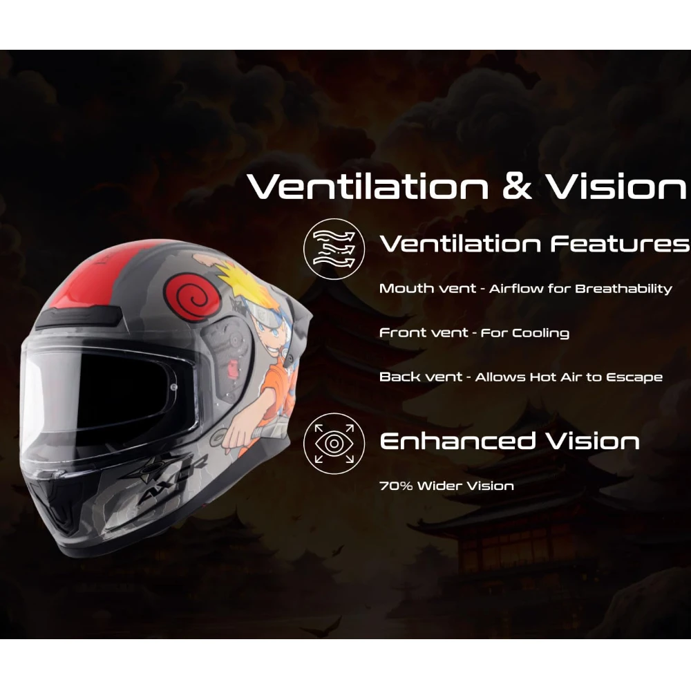 Axor Saber Naruto ISI ECE and DOT Certified Gloss Finish Full Face Helmet for Men with Pinlock Fitted Clear Visor -Black Orange-XL