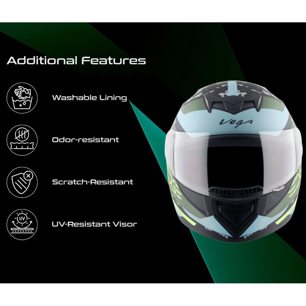 Vega Edge US Army ISI Certified Matte Finish Full Face Helmet for Men with Clear Visor -Dull Black Battle Green-M