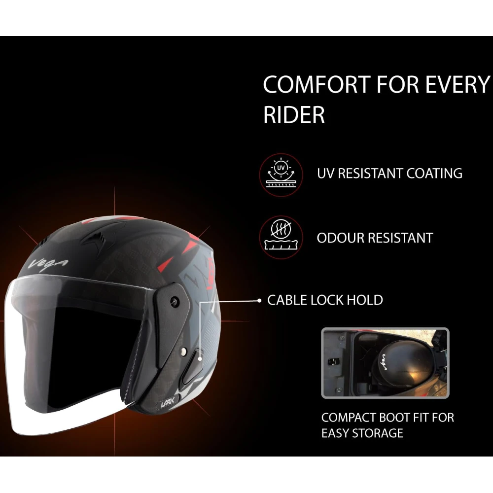 Vega Lark Twist Open Face Helmet Dull Black Red, Size: M(57-58 cm)