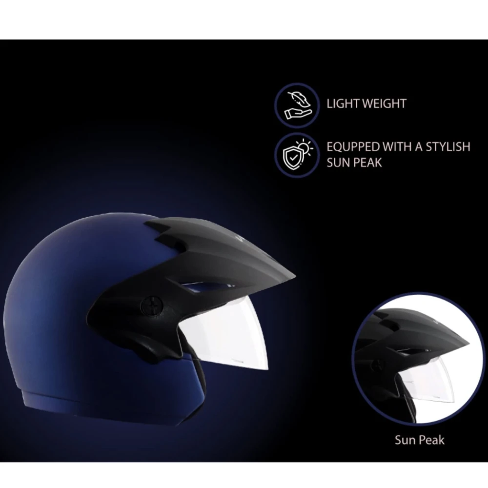 Vega Cruiser ISI Certified Matt Finish Lightweight & Compact with Peak Open Face Helmet for Men and Women with Clear Visor(Dull Blue, Size:M)