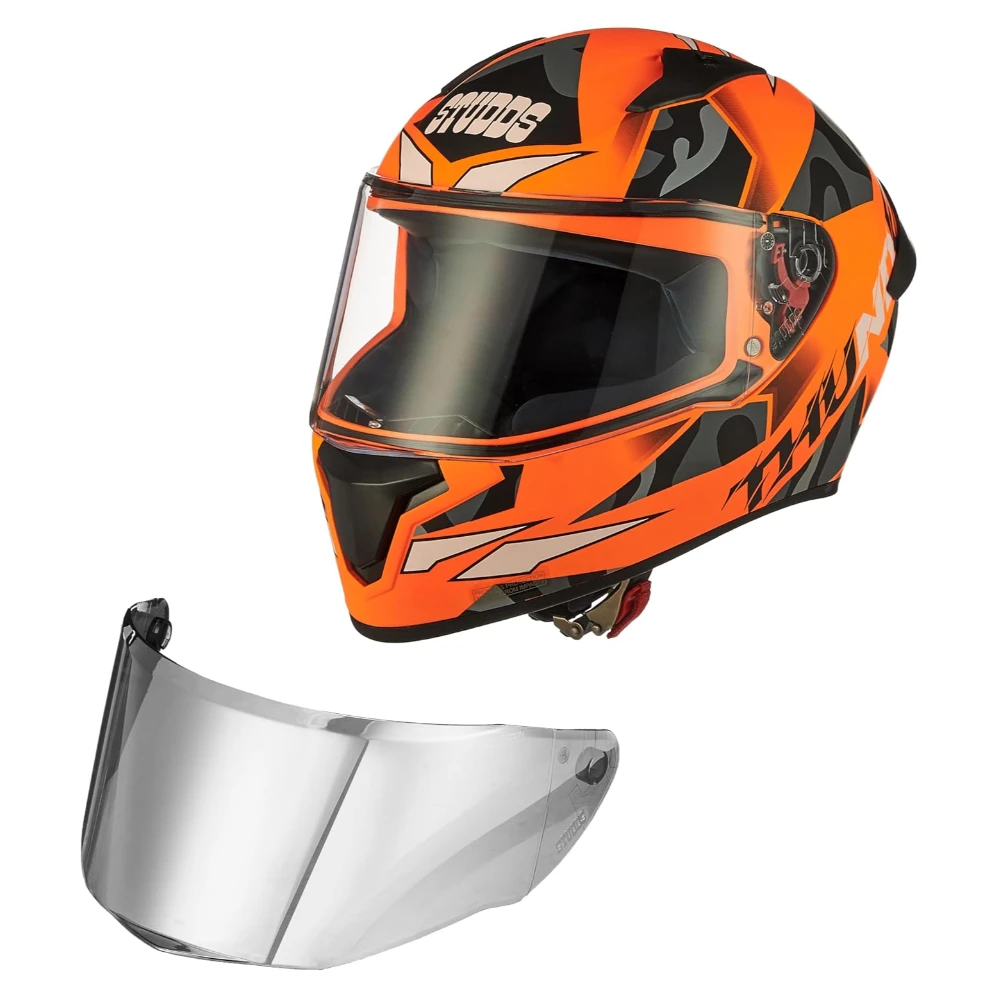 Studds Thunder Full Face Helmet D7 with Clear Visor (Matt Neon Orange N9, M)