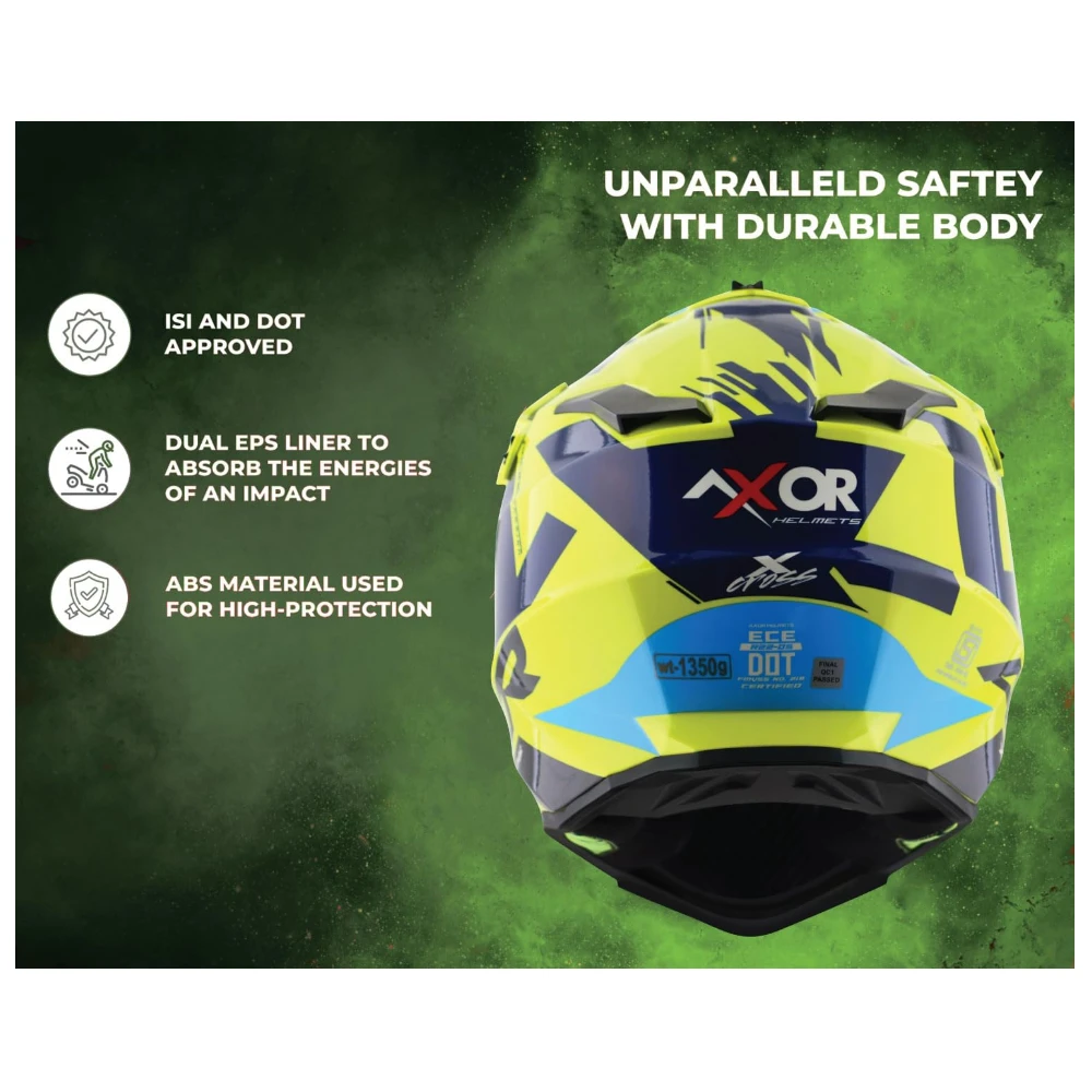 Axor X Cross X1 ISI ECE DOT Certified Full Face Dual Sport Peak Off Road Helmet for Men and Women Neon Yellow Blue M