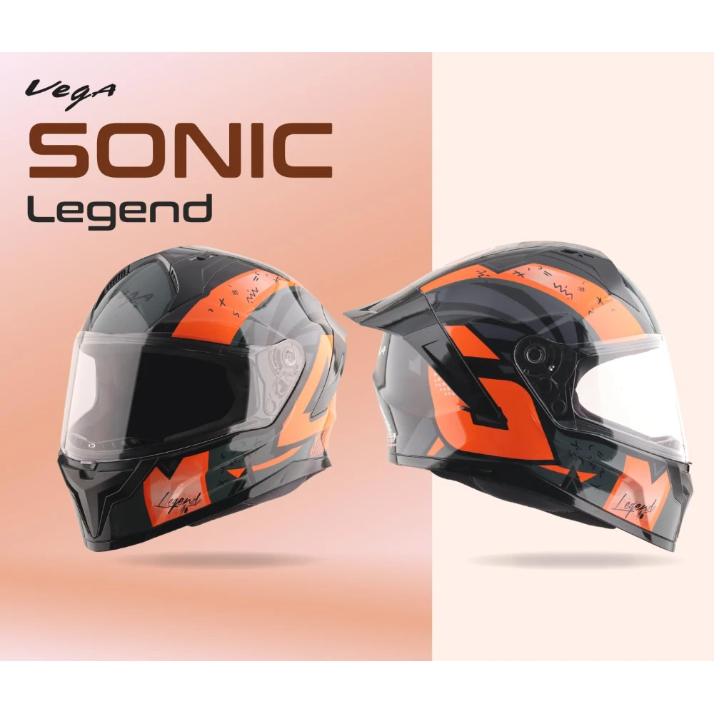 Vega Sonic Legend ISI Certified Gloss Finish Full Face Helmet for Men with Clear Visor and Spoiler-Black Orange-M