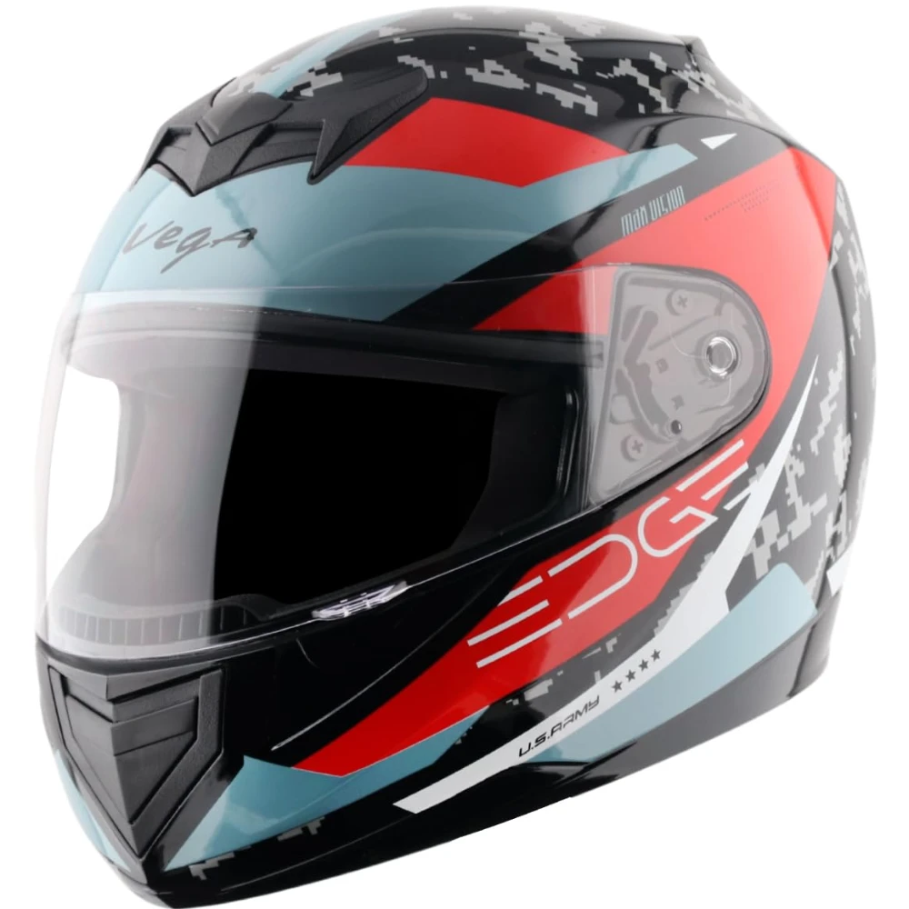 Vega Edge US Army ISI Certified Gloss Finish Full Face Helmet for Men with Clear Visor -Black Red-L