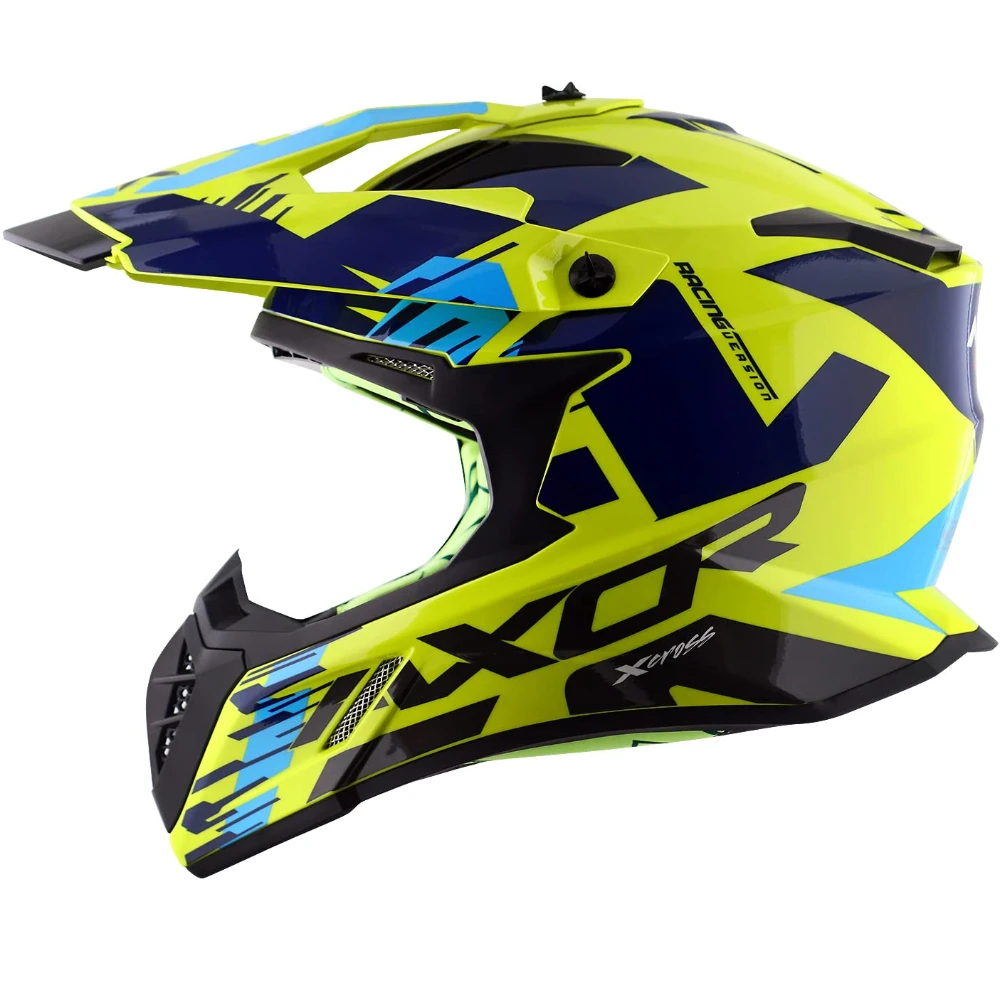 Axor X Cross X1 ISI ECE DOT Certified Full Face Dual Sport Peak Off Road Helmet for Men and Women Neon Yellow Blue M