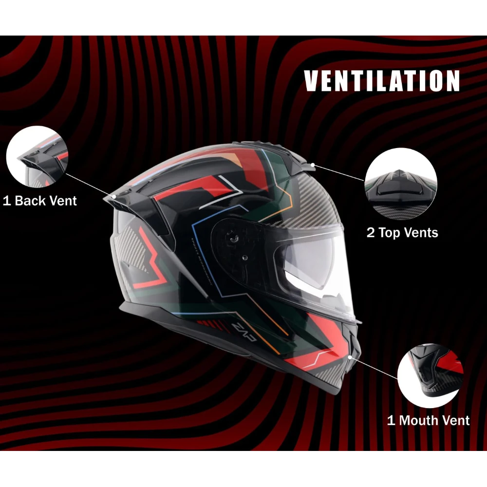 Vega Zap Explore D/V ISI and DOT Certified Gloss Finish Full Face Helmet for Men with Dual Visors and Spoiler-Black Red-L