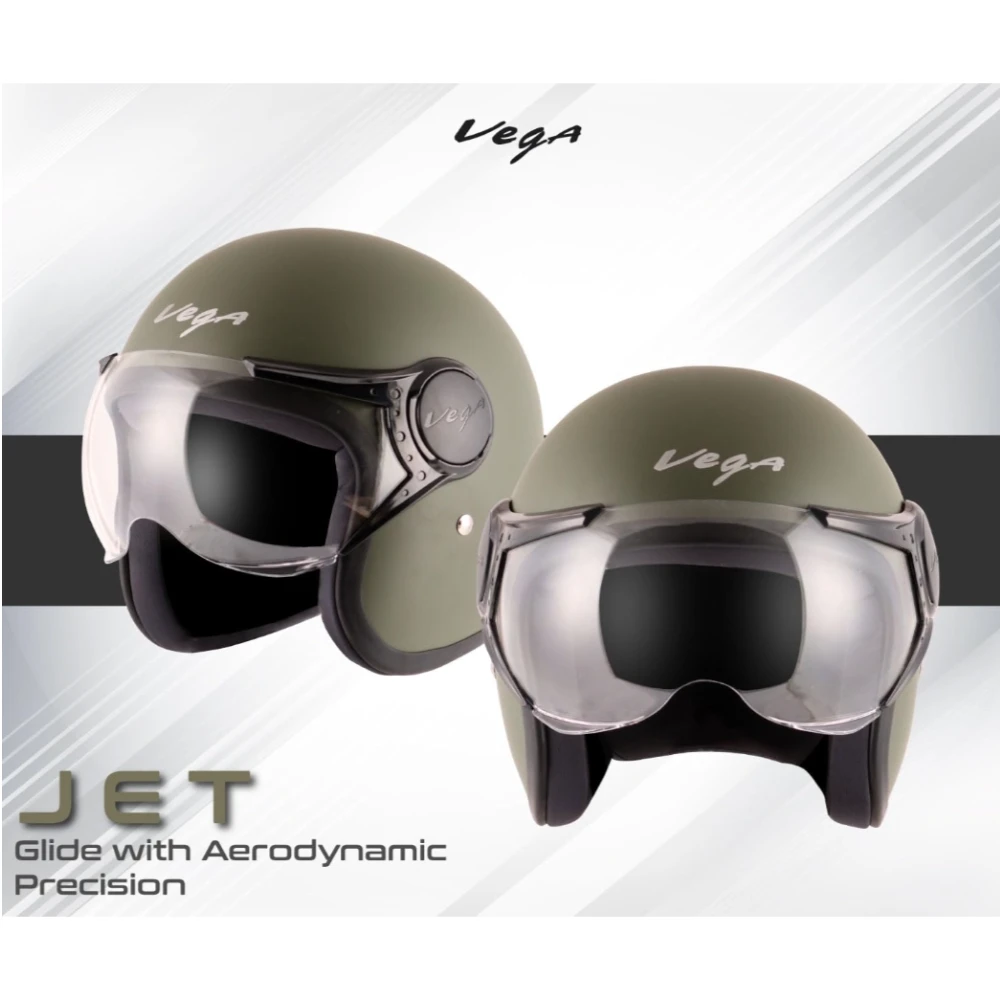 Vega Jet ISI DOT Certified Matt Finish Open Face Helmet for Men and Women with Clear Visor(Dull Army Green, Size:L)