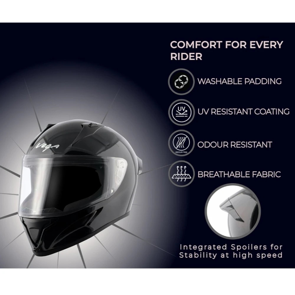 Vega Bolt ISI DOT Certified Full Face Gloss Finish Helmet for Men and Women with Clear Visor(Black, Size:L)