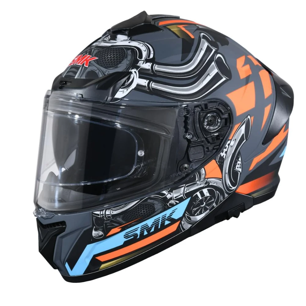 SMK Typhoon Motorhead ISI ECE & DOT Certified Full Face Dual Visor Helmet for Men and Women with Pinlock Fitted Clear Visor and Inner Sun Visor ( Grey - S )