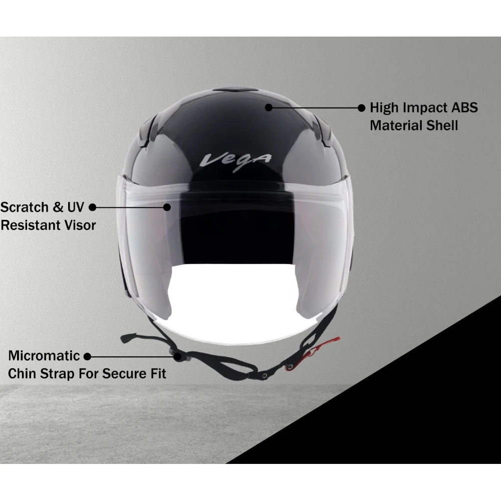 Vega Orion ISI Certified Gloss Finish Open Face Helmet for Men and Women with Clear Visor-Black-L