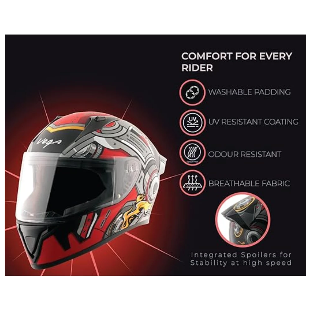 Vega Bolt Superhero ISI and DOT Certified Matte Finish Full Face Helmet for Men with Clear Visor- Dull Black Red, Size: M(57-58 cm)