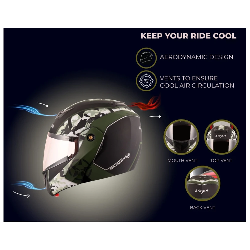 Vega Crux Dx Camouflage ISI Certified Smooth Matt Finish Flip-Up Helmet for Men and Women with Clear Visor(Dull Black Battle Green, Size:L)