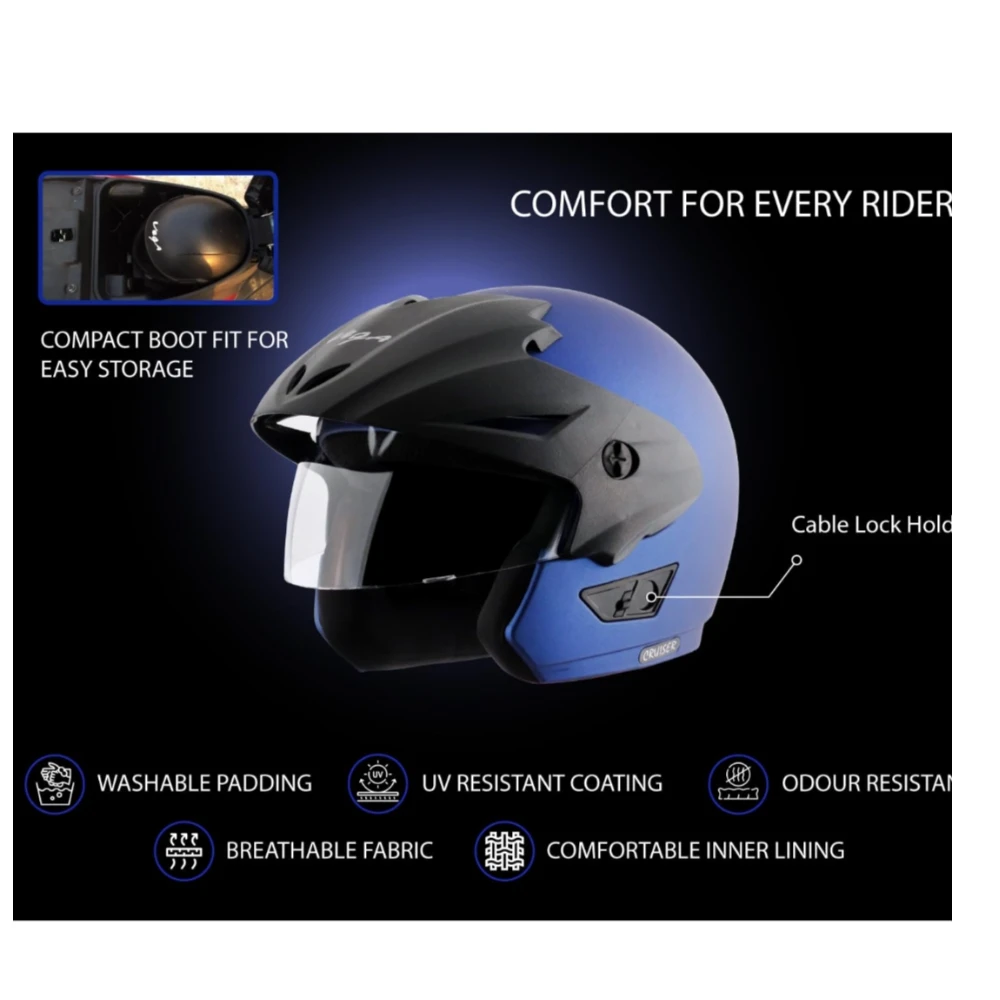 Vega Cruiser ISI Certified Matt Finish Lightweight & Compact with Peak Open Face Helmet for Men and Women with Clear Visor(Dull Blue, Size:M)