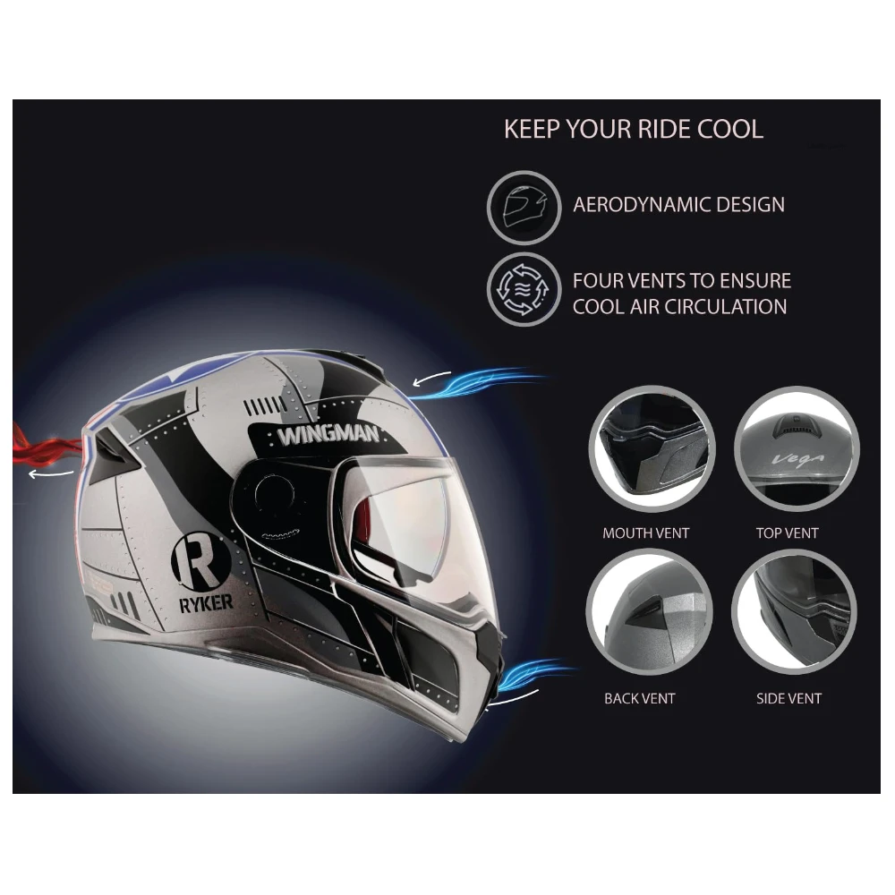 Vega Ryker Wingman Full Face Helmet Dull Coll Grey Black, Size: M(57-58 cm)
