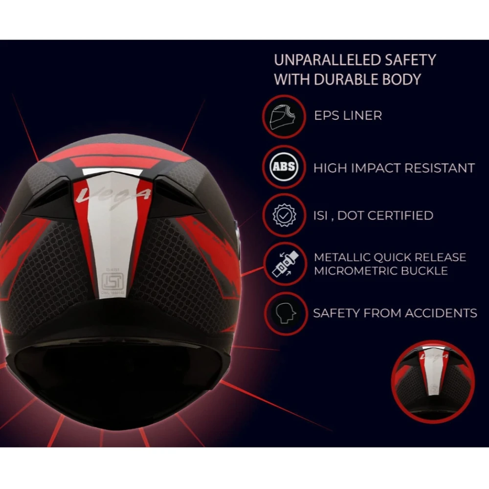 Vega Ryker Bolder ISI Certified Matt Finish Full Face Dual Visor Helmet for Men and Women Outer Clear Visor and Inner Smoke Sun Visor(Dull Black Red, Size:M)