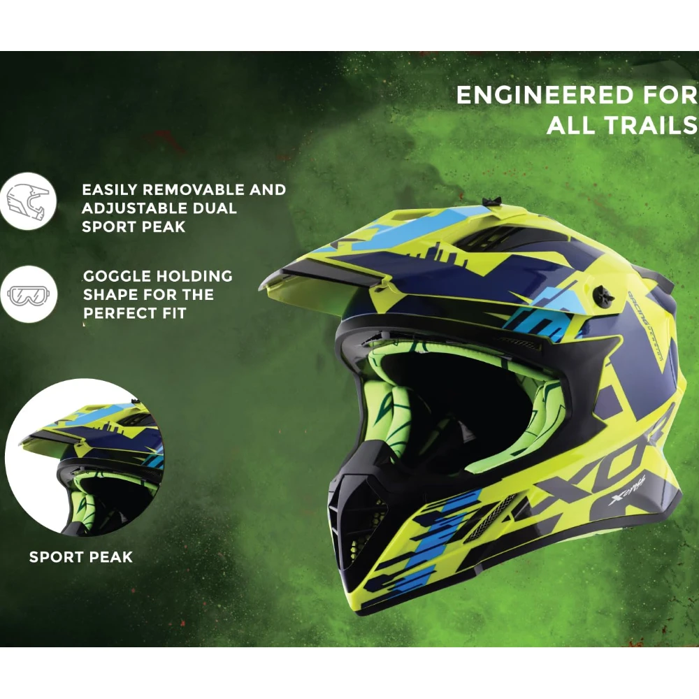 Axor X Cross X1 ISI ECE DOT Certified Full Face Dual Sport Peak Off Road Helmet for Men and Women Neon Yellow Blue M