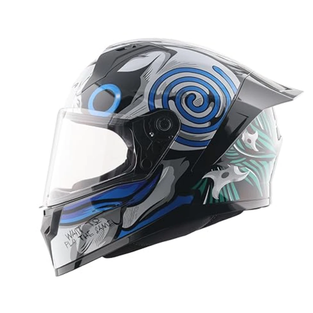 Vega Sonic Saw ISI Certified Gloss Finish Full Face Helmet for Men with Clear Visor and Spoiler-Black Blue-M