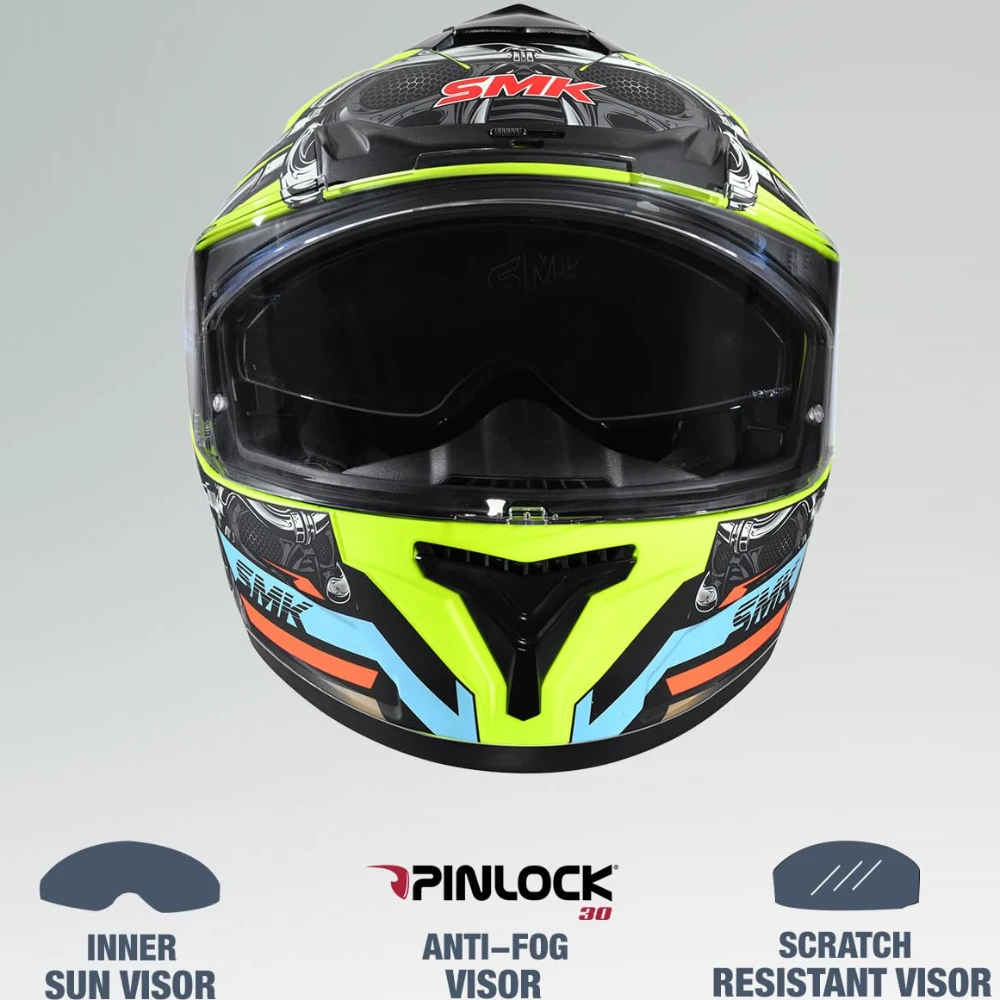 SMK Typhoon Motorhead ISI ECE & DOT Certified Full Face Dual Visor Helmet for Men and Women with Pinlock Fitted Clear Visor and Inner Sun Visor ( Yellow - S )