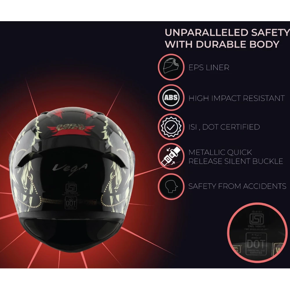 VEGA Bolt Wild ISI and DOT Certified Gloss Finish Full Face Helmet for Men with Clear Visor- Black Green-M