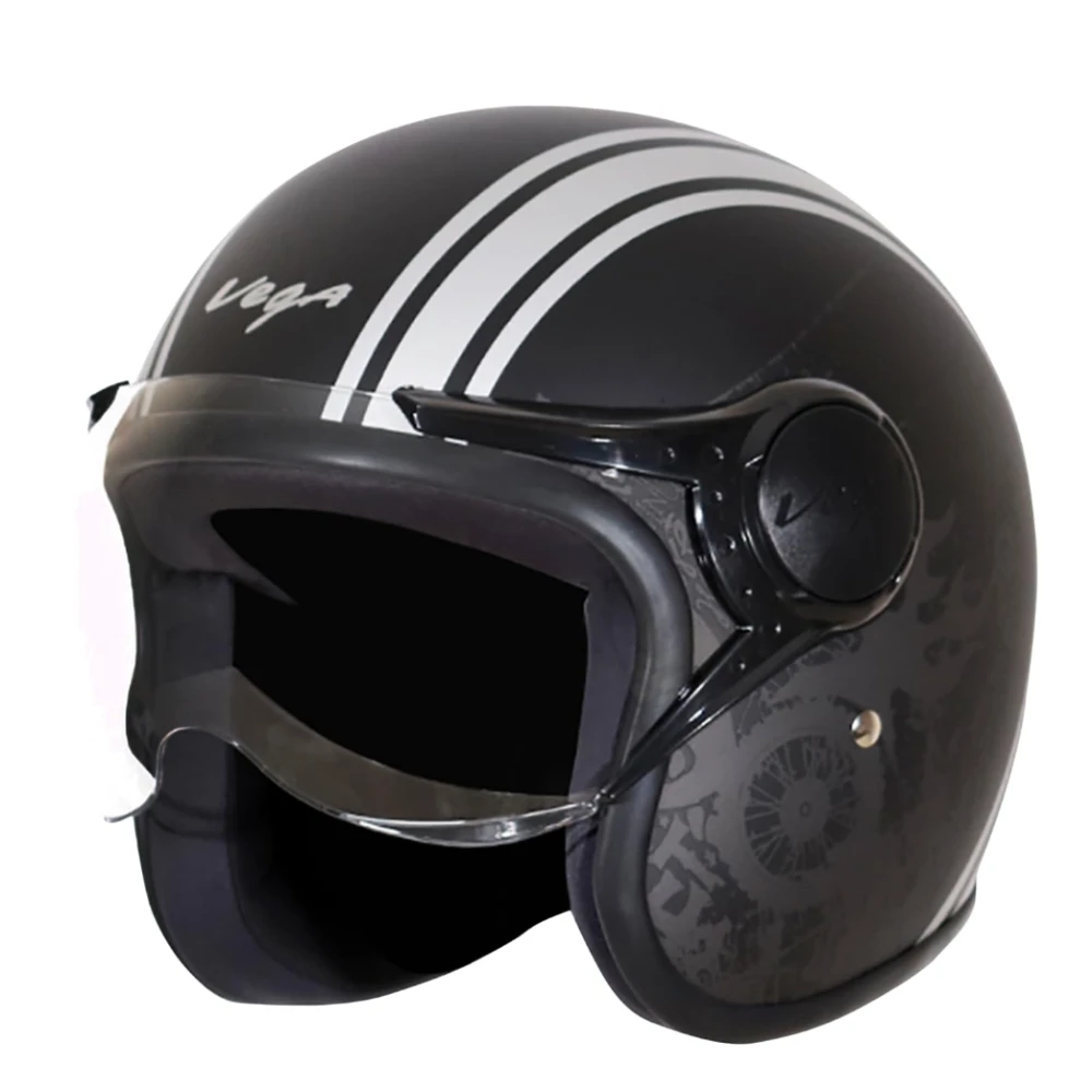 Vega Jet Old School ISI DOT Certified Matt Finish Open Face Helmet for Men and Women with Clear Visor(Dull Black Silver, Size:L)