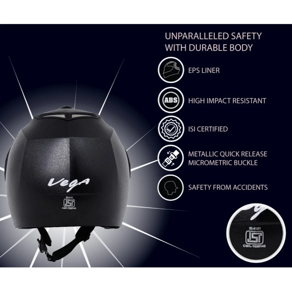 Vega Crux ISI Certified Flip-Up Helmet for Men and Women with Clear Visor(Black, Size:L)