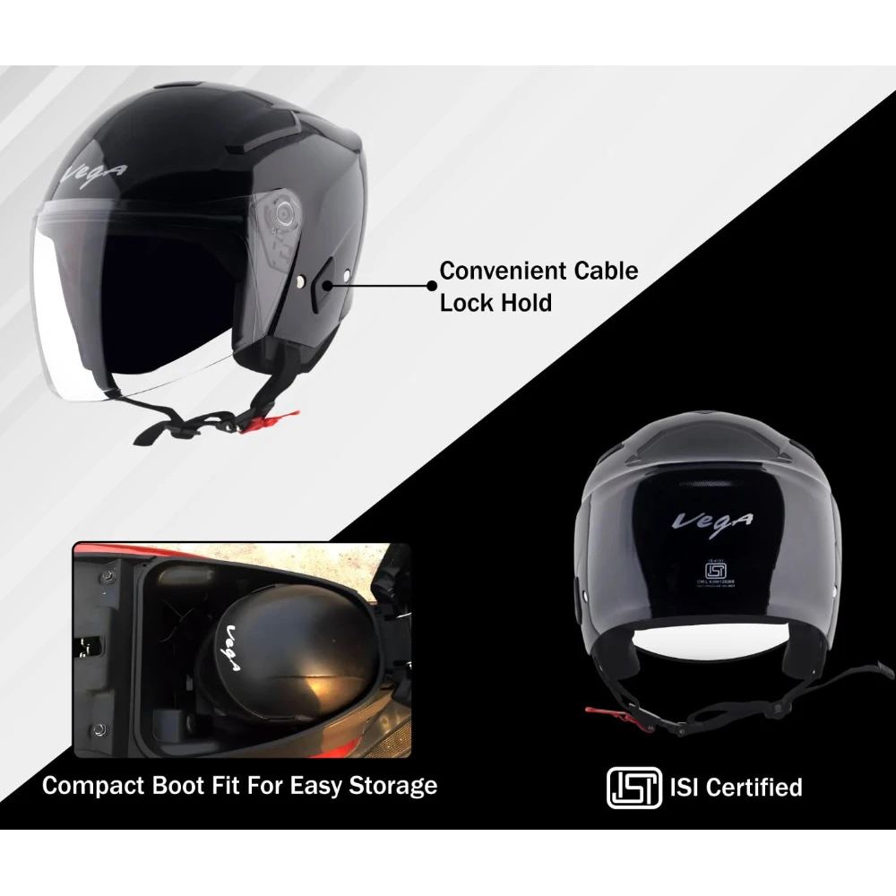 Vega Orion ISI Certified Gloss Finish Open Face Helmet for Men and Women with Clear Visor-Black-L