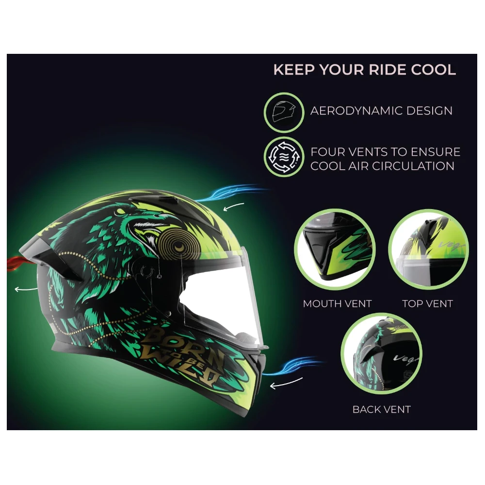 VEGA Bolt Wild ISI and DOT Certified Matte Finish Full Face Helmet for Men with Clear Visor- Dull Black Yellow-M
