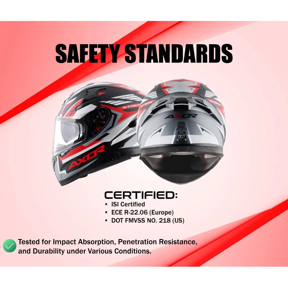 Axor Apex Streak ISI ECE and DOT Certified Gloss Finish Full Face Helmet for Men with Pinlock Fitted Outer Clear and Inner Sun Smoke Visor- Black Red Helmet-L