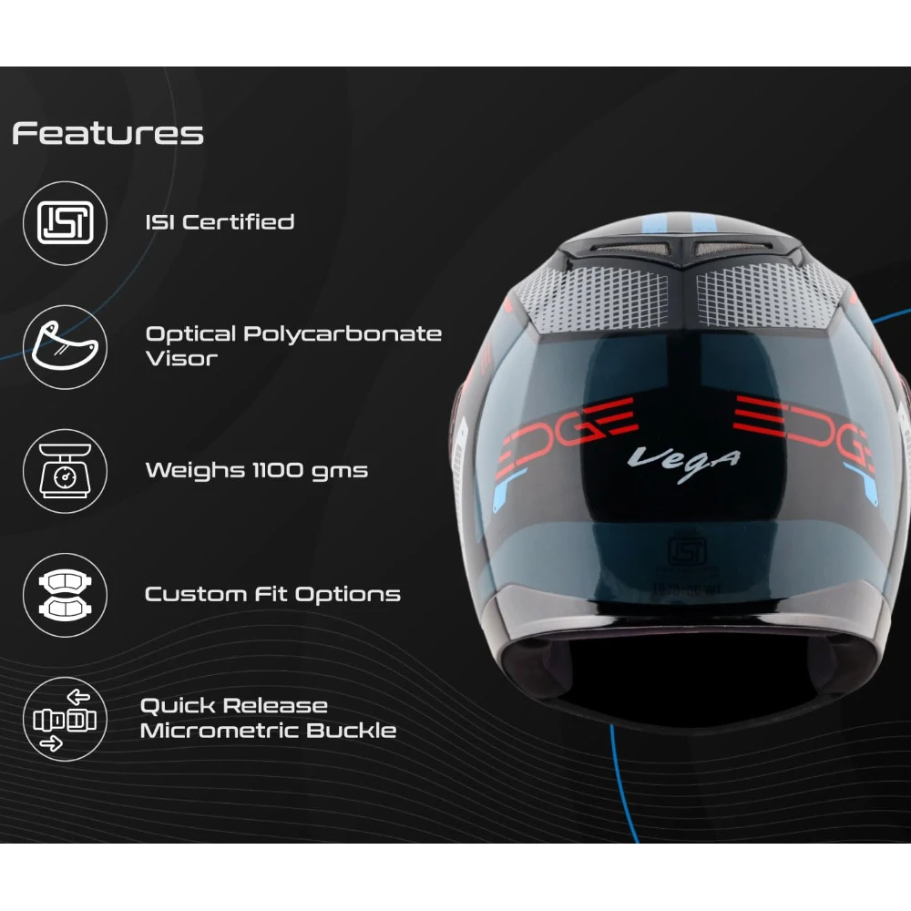 Vega Edge Passion ISI Certified Matte Finish Full Face Helmet for Men with Clear Visor -Dull Black Blue-L