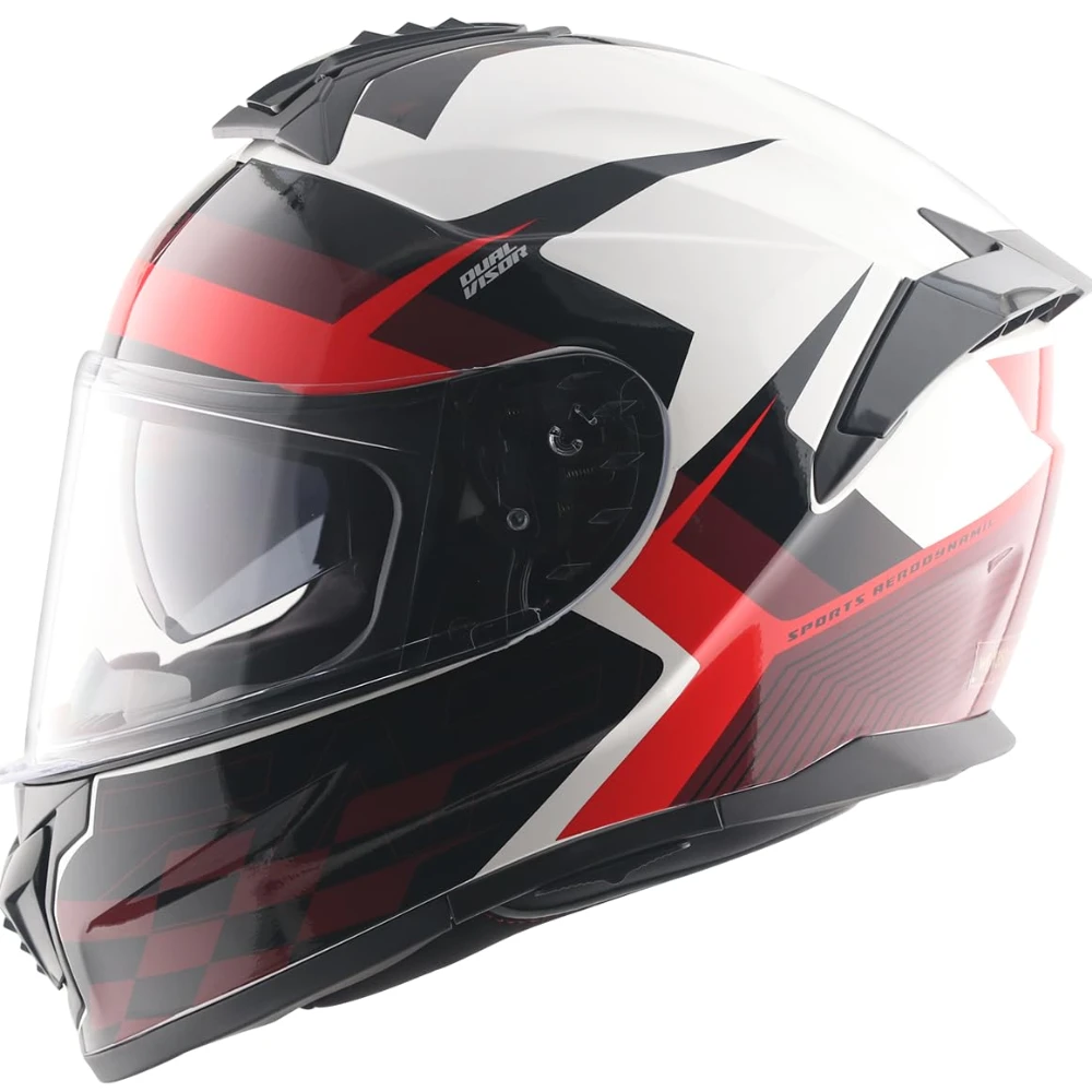Vega Zap DV Alliance ISI and DOT Certified Gloss Finish Full Face Dual Visor Helmet for Men with Spoiler-White Red-L