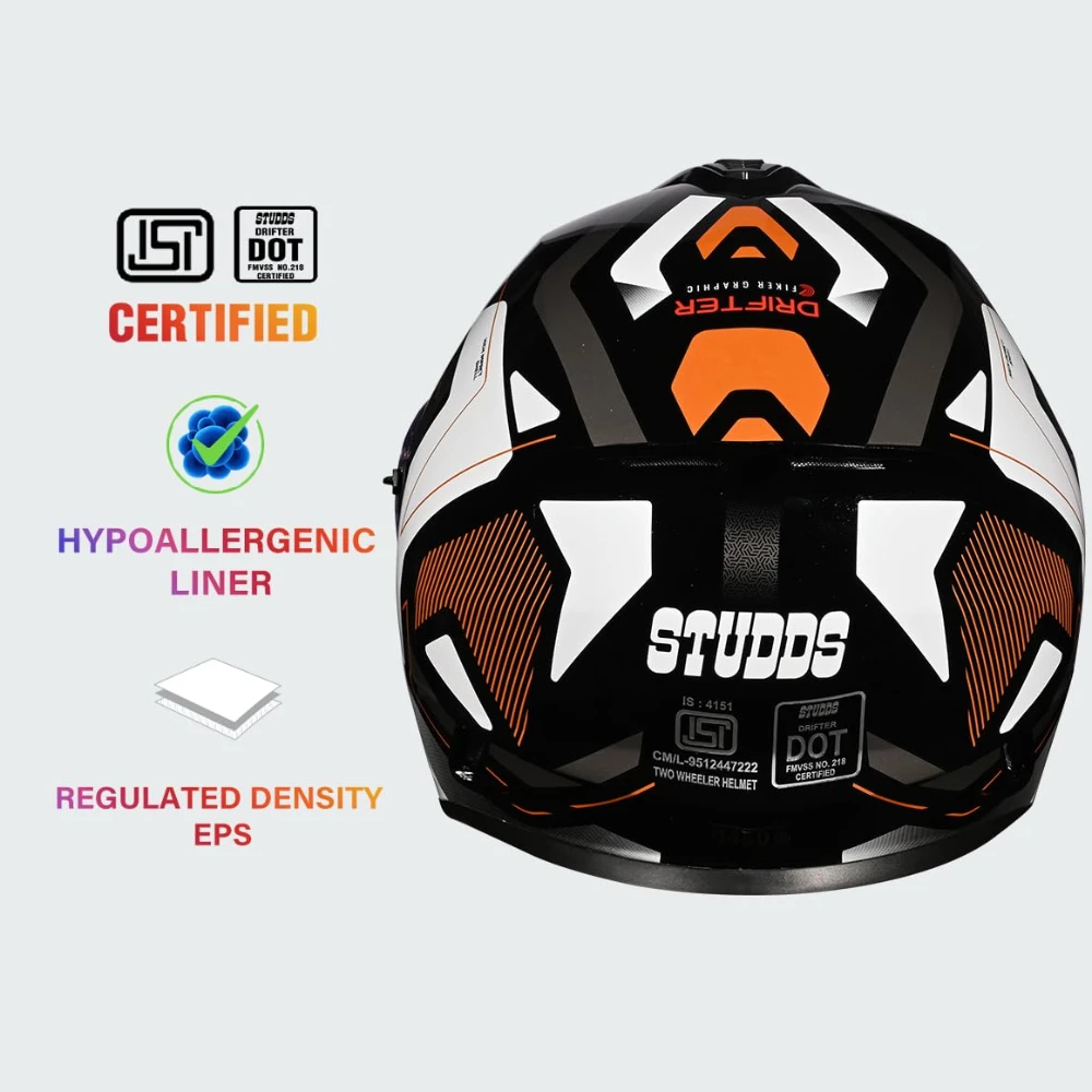Studds Drifter D5 Fiker ISI and DOT Certified Full face Helmet for Men and Women with Inner Sun Visor and Spoiler (Black XL)