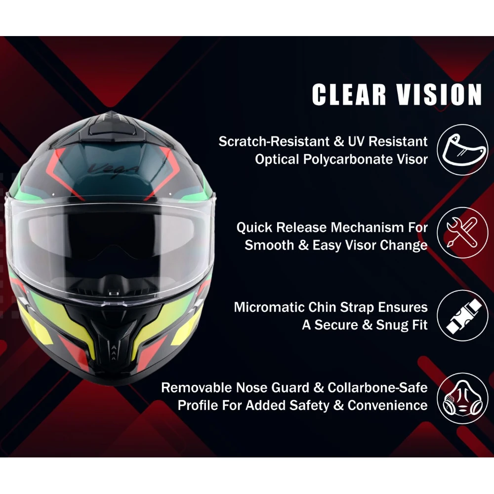Vega Zap Volt D/V ISI and DOT Certified Gloss Finish Full Face Helmet for Men with Dual Visors and Spoiler-Black Red-L