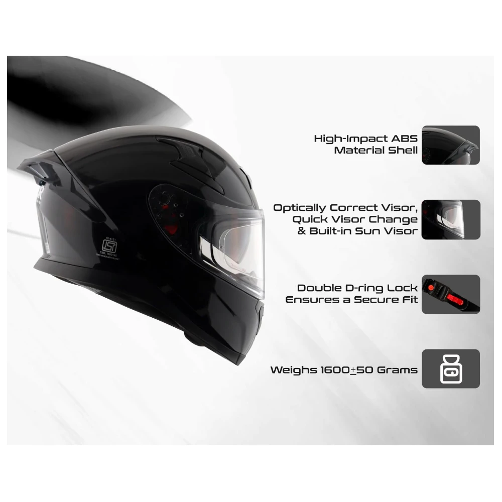 Axor Apex Solid ISI ECE DOT Certified Glossy Black Full Face Dual Visor Helmet for Men and Women with Pinlock Fitted Outer Clear Visor and Inner Smoke Sun Visor Black(M)