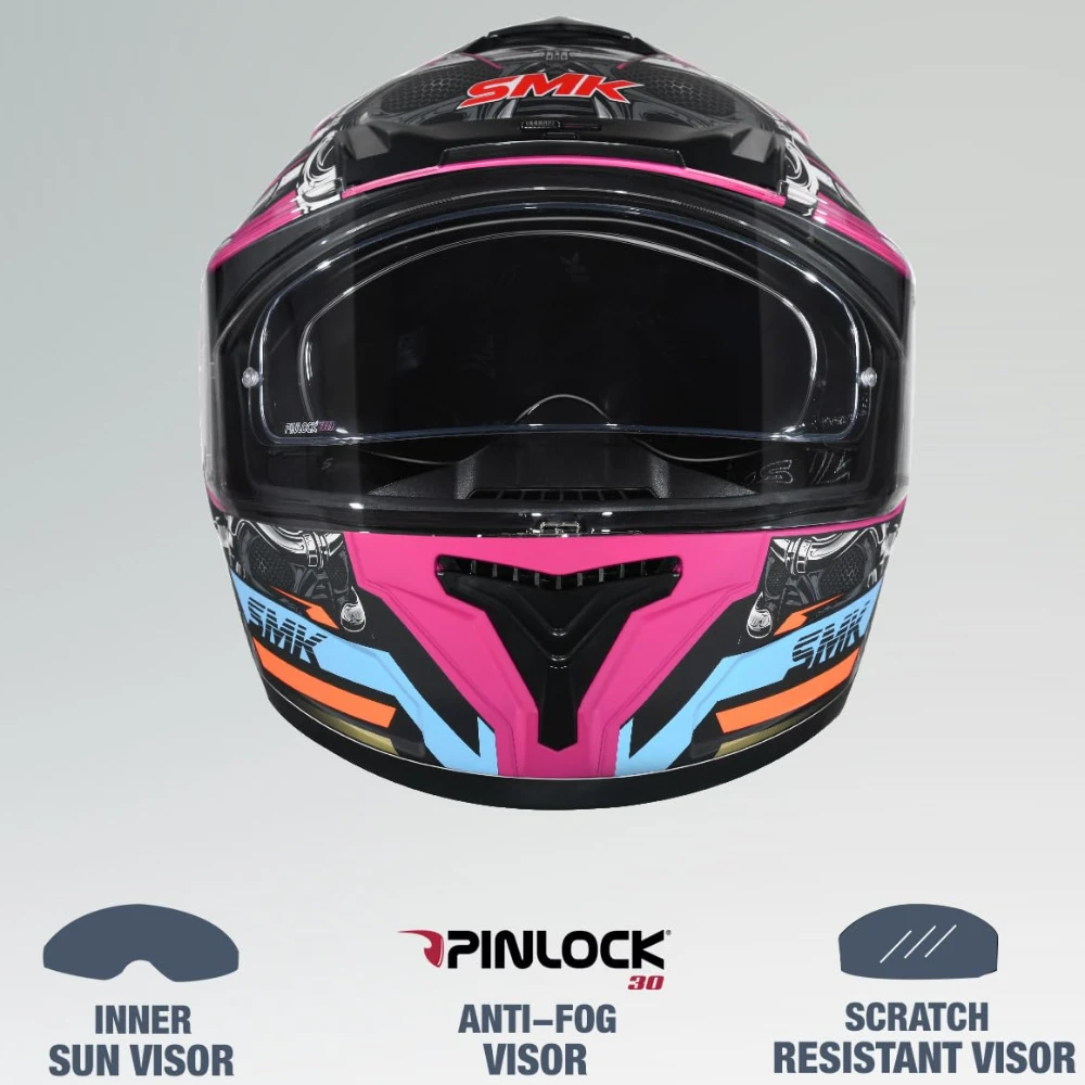 SMK Typhoon Motorhead ISI ECE & DOT Certified Full Face Dual Visor Helmet for Men and Women with Pinlock Fitted Clear Visor and Inner Sun Visor ( MATT Pink - L )