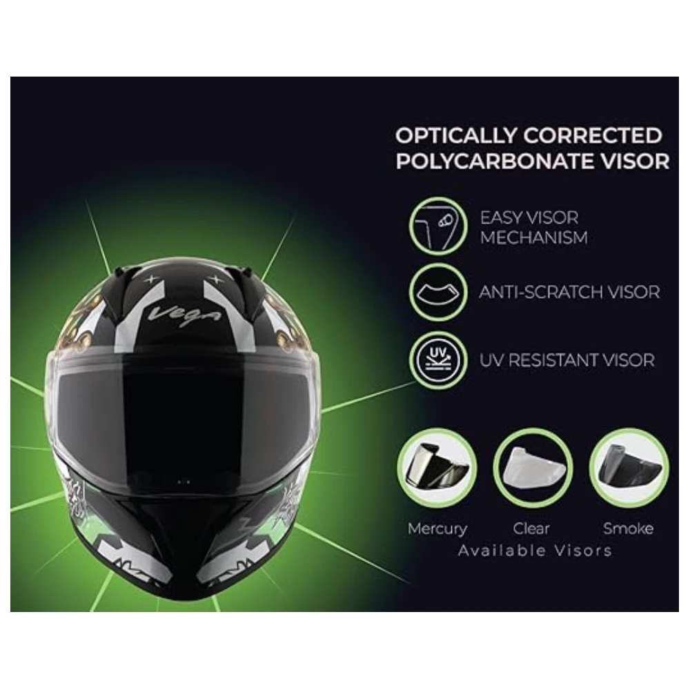 Vega Bolt Crown Men ISI and DOT Certified Glossy Finish Full Face Helmet for Men with Clear Visor- Black Neon Green, Size: L(59-60 cm)