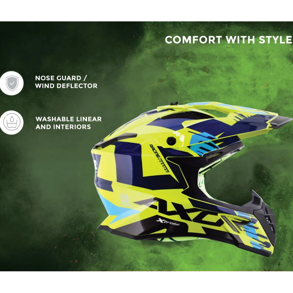 Axor X Cross X1 ISI ECE DOT Certified Full Face Dual Sport Peak Off Road Helmet for Men and Women Neon Yellow Blue M