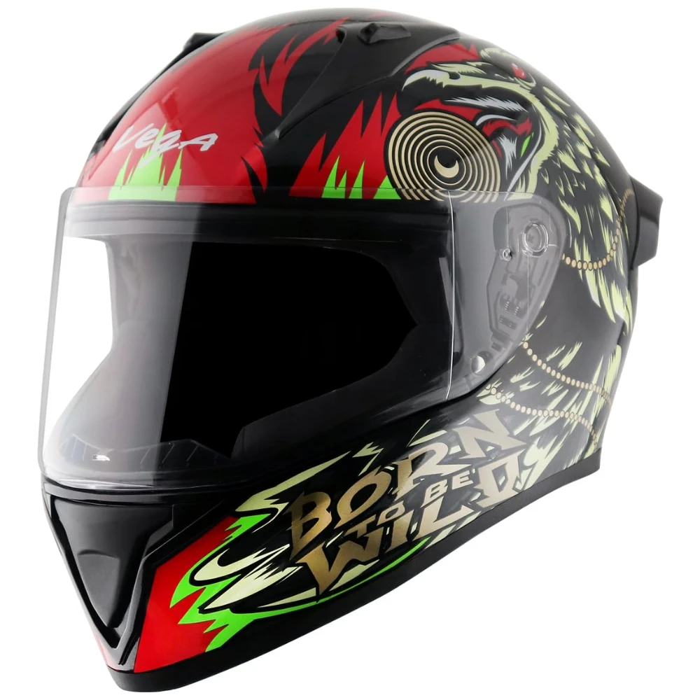 VEGA Bolt Wild ISI and DOT Certified Gloss Finish Full Face Helmet for Men with Clear Visor- Black Green-M