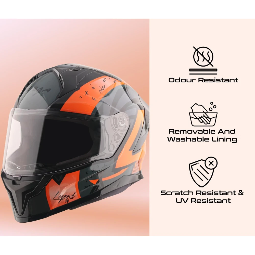 Vega Sonic Legend ISI Certified Gloss Finish Full Face Helmet for Men with Clear Visor and Spoiler-Black Orange-M