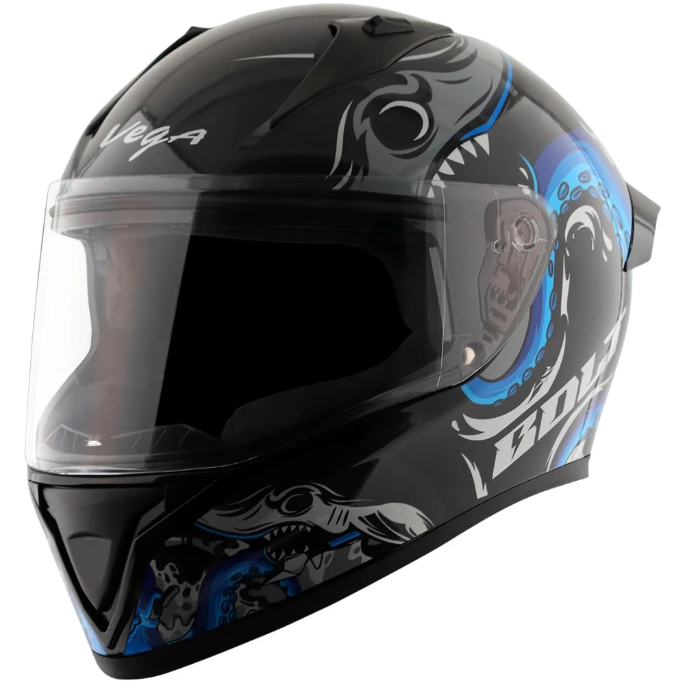 Vega Bolt Octopus ISI and DOT Certified Glossy Finish Full Face Helmet for Men with Clear Visor- Black Blue, Size: M(57-58 cm)