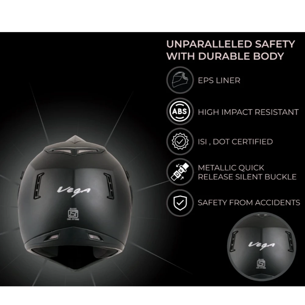 Vega Off Road ISI Certified Matt Finish Full Face Dual Visor with Peak Helmet for Men and Women Outer Clear Visor and Inner Smoke Sun Visor(Dull Black, Size:L)
