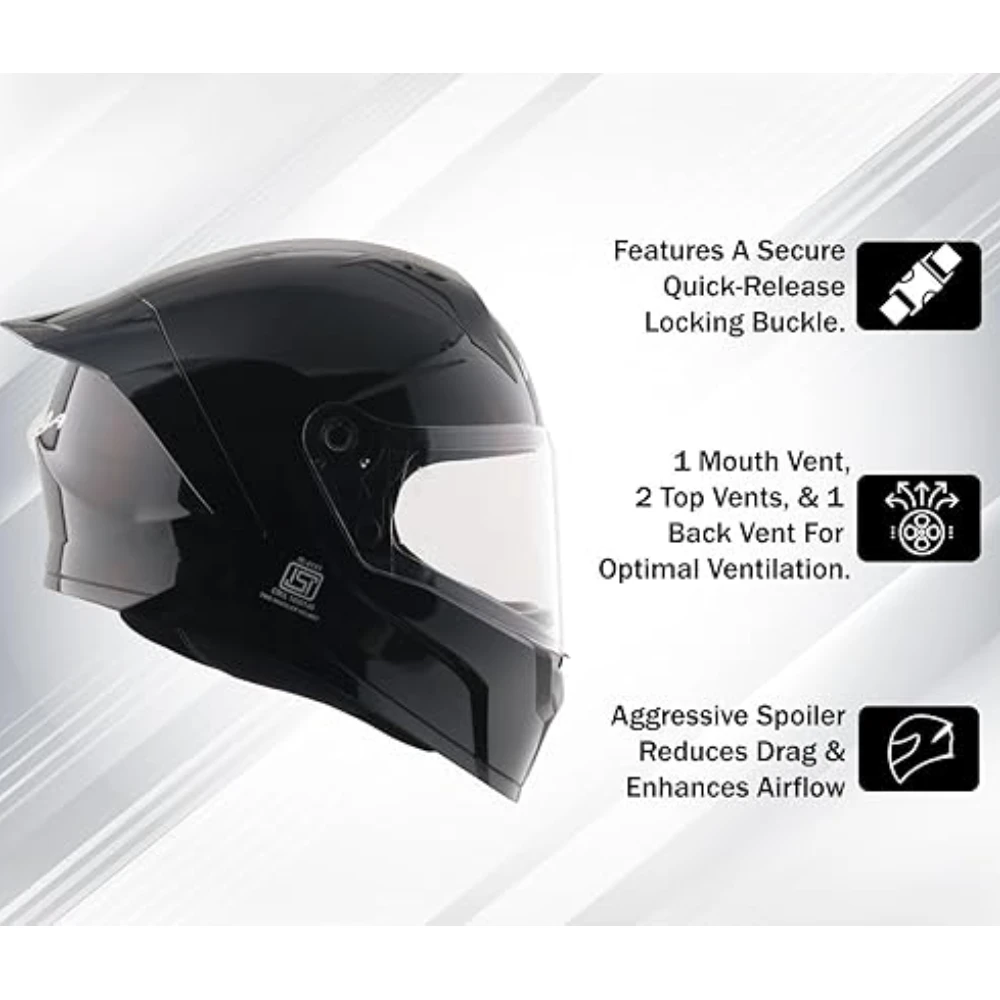 Vega Sonic Solid ISI Certified Gloss Finish Full Face Helmet for Men with Clear Visor and Spoiler-Black-M
