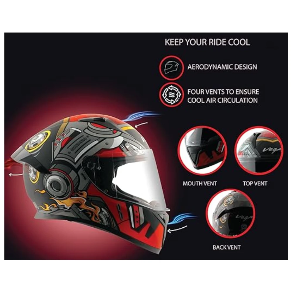Vega Bolt Superhero ISI and DOT Certified Matte Finish Full Face Helmet for Men with Clear Visor- Dull Black Red, Size: M(57-58 cm)