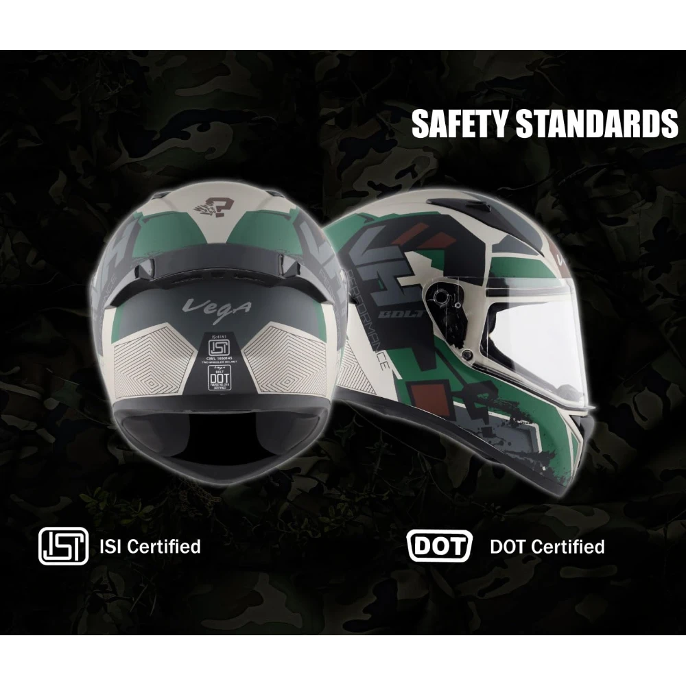 Vega Bolt Army ISI and DOT Certified Matte Finish Full Face Helmet for Men with Clear Visor-Dull Mud Battle Green-L